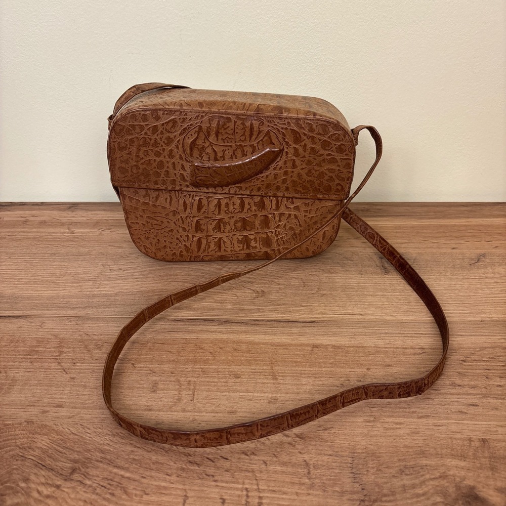 BARBARA BOLAN TOO 1980s Vintage Crocodile Sling Bag Cognac Brown Women Small - Picture 2 of 12